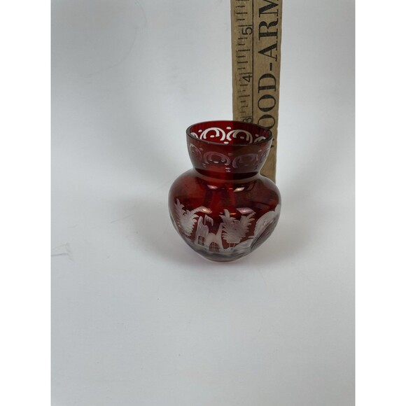 Vintage Egermann Czech Ruby Red Cut to Clear Etched Glass Mini Vase 3" - Picture 14 of 14